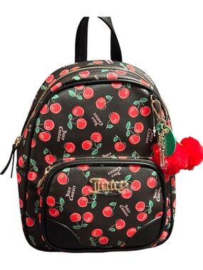 NWT•Juicy Couture Black Cherry Print Med Backpack with Pom Pom Charm